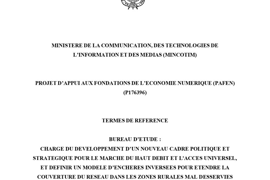 SOLLICITATION DE MANIFESTATIONS D'INTERET POUR LE RECRUTEMENT D'UN(E)  ASSISTANT(E) AU COORDONNATEUR DU PROJET D'APPUI AUX FONDATIONS DE  L'ECONOMIE NUMERIQUE (PAFEN) Réf. STEP: BI-PFCIGL-PIU-280652-CS-INDV – Le  SETIC