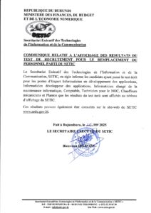 COMMUNIQUE RELATIF A L’AFFICHAGE DES RESULTATS DU TEST DE RECRUTEMENT POUR LE REMPLACEMENT DU PERSONNEL PARTI DU SETIC